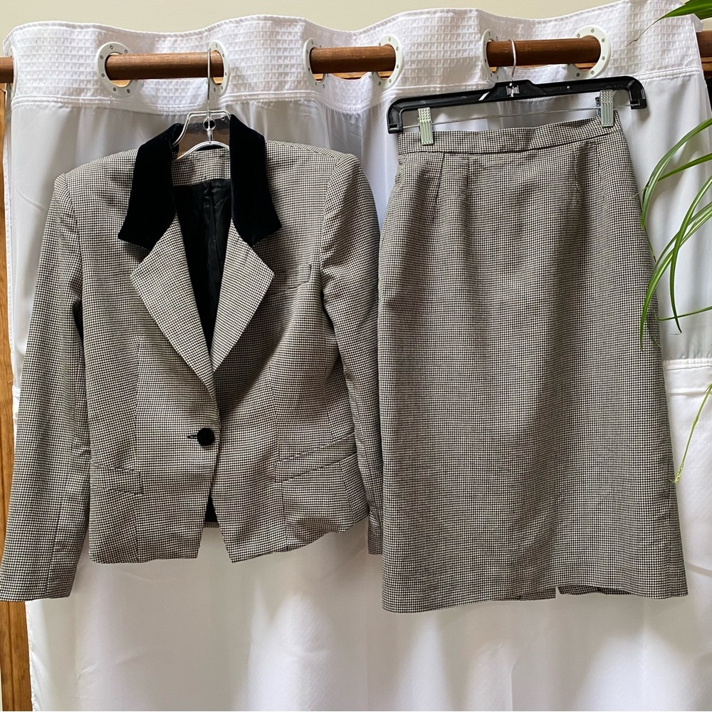 Old Money Suit Jacket Blazer & Pencil Skirt Set Black White Houndstooth Print